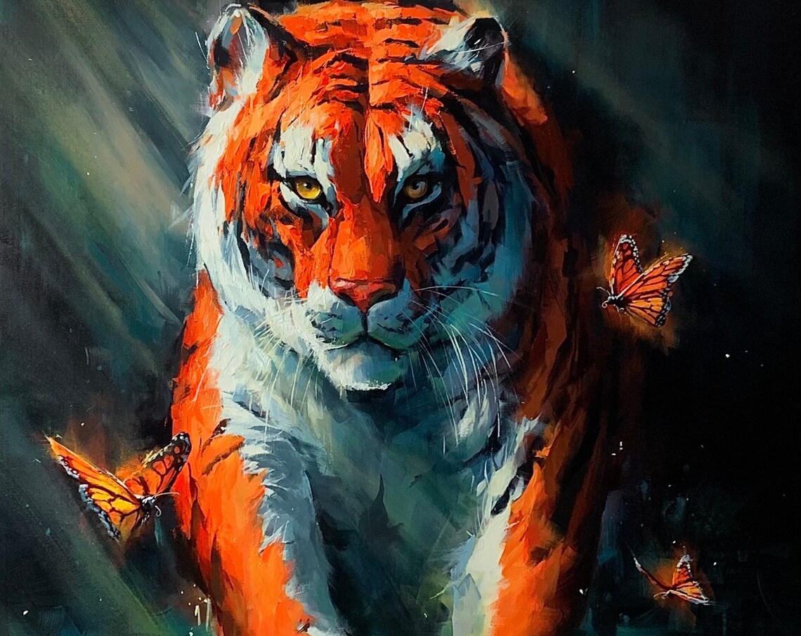 Bengal Tiger Jungle Painting Butterfly Wall Art