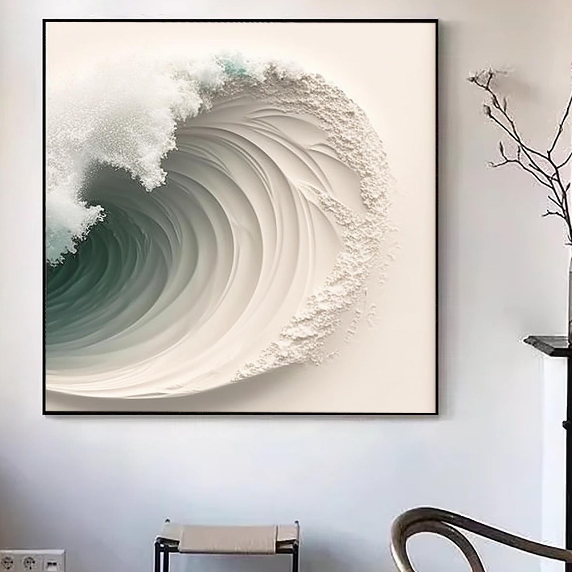 Green White Ocean Wave Curl Foam Abstract Textured Square Poster