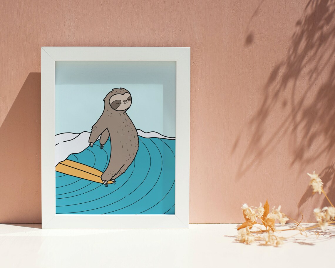 Surfing Sloth Art Print, Coastal Nursery Decor - Image 3