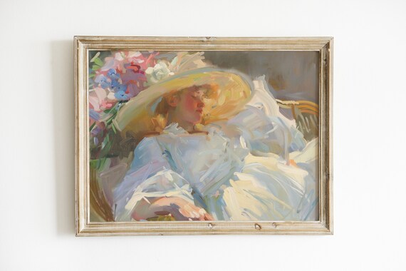 Woman in Wide Straw Hat Flowers Impressionist Portrait Painting Poster