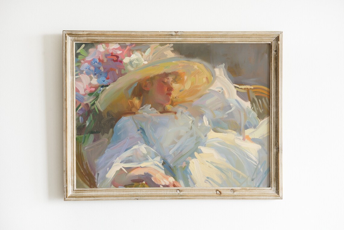 Woman in Wide Straw Hat Flowers Impressionist Portrait Painting Poster