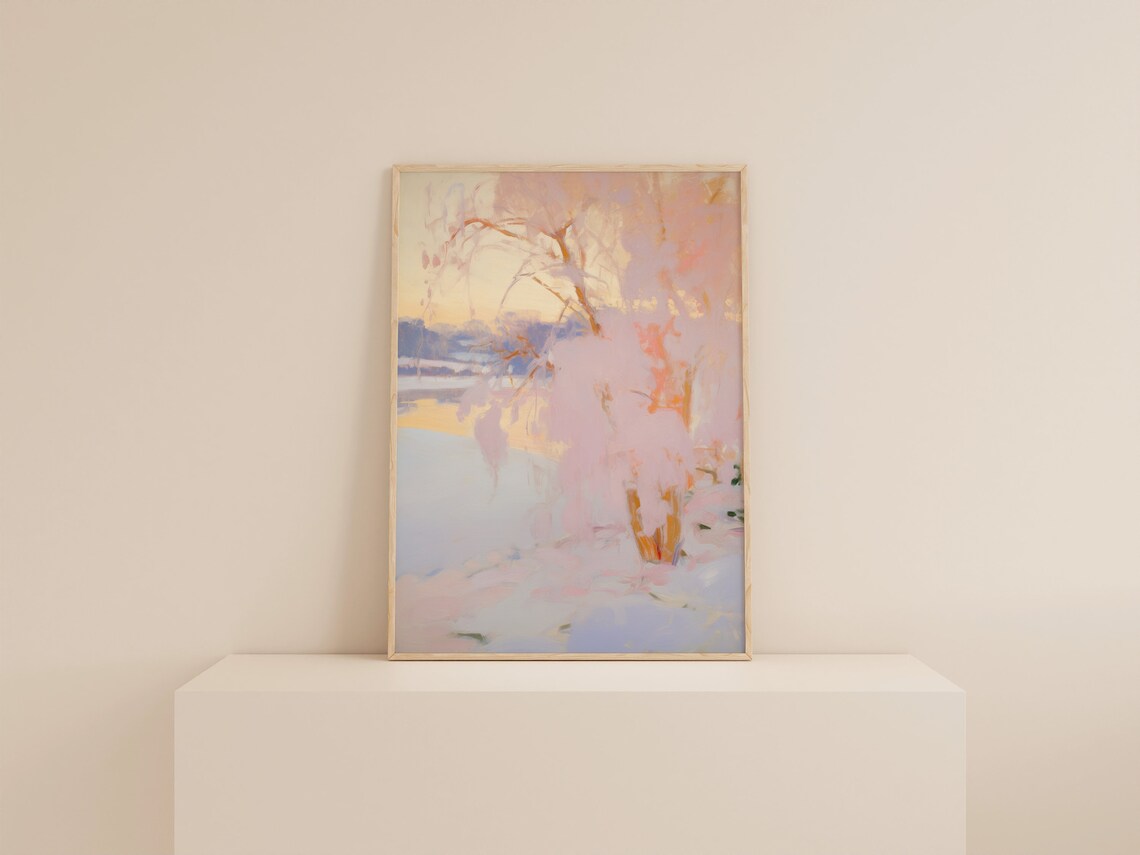 Pink Winter Lake Painting Holiday Christmas Art Print - Image 2