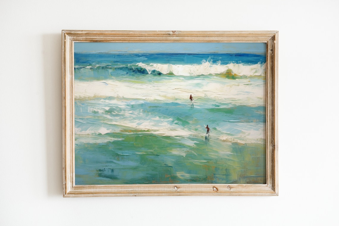 Retro Ocean Print, Soft Blue Coastal Art Print