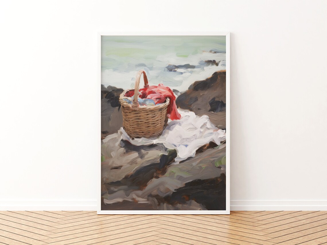 Seaside Picnic Basket Oil Painting Print On Rocks By The Ocean - Image 3