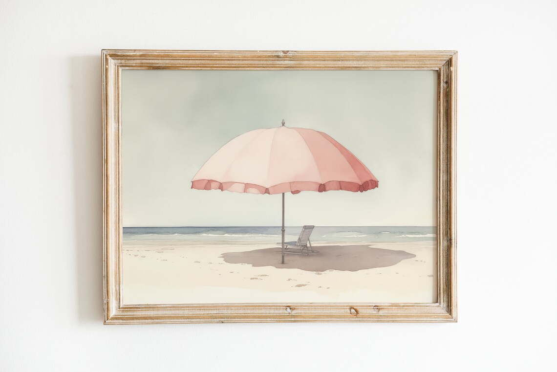 Pale Watercolor Beach Umbrella Art Print, Light Pink