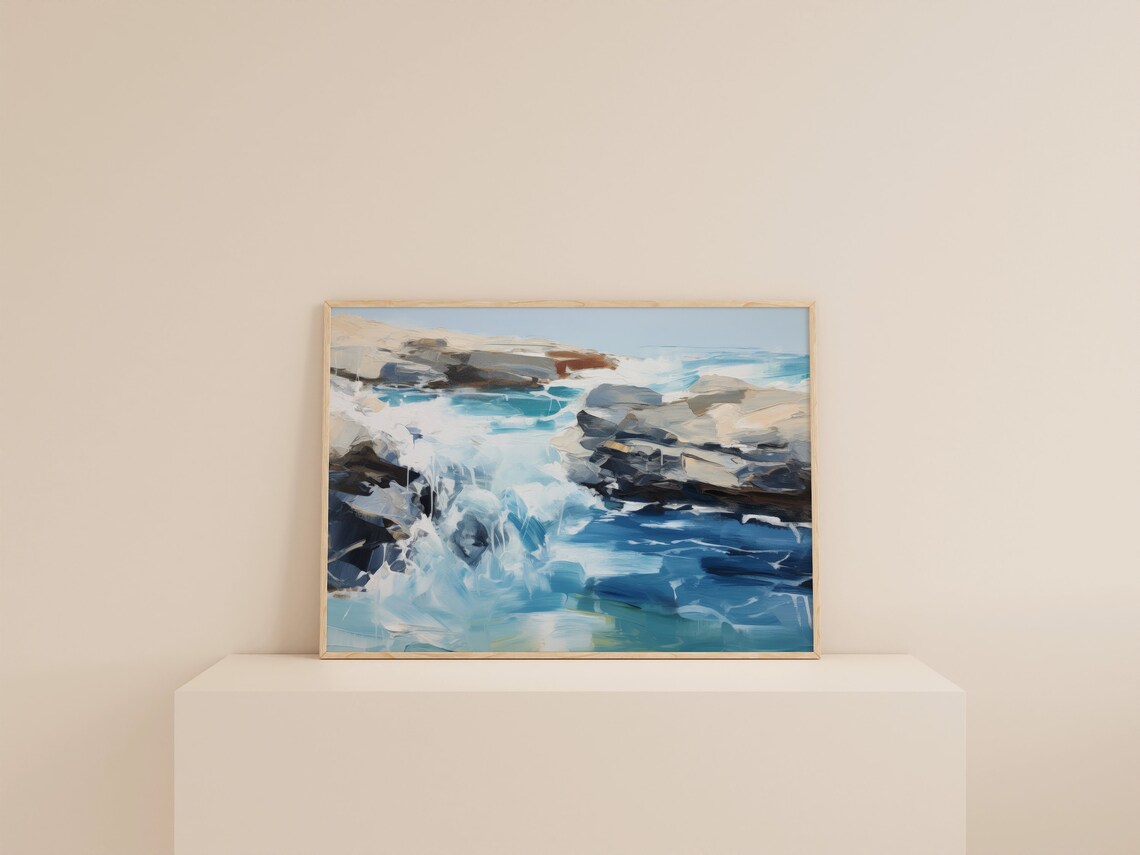 Blue and White Coastal Abstract Ocean Art Print - Image 2