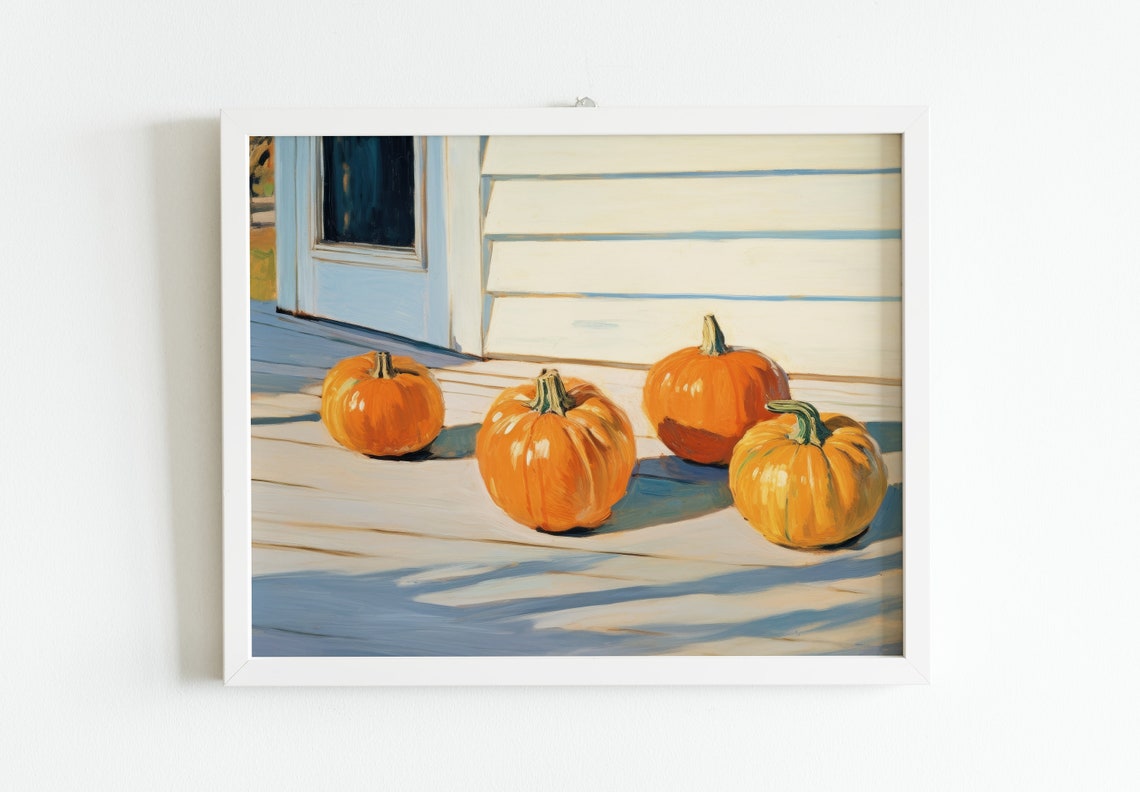 Fall Pumpkins On Sunlit Porch Steps Cottagecore Autumn Wall Art - Image 2