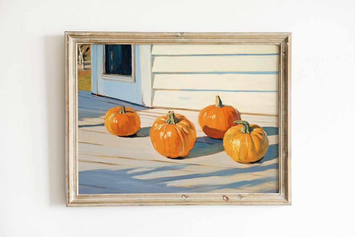 Fall Pumpkins On Sunlit Porch Steps Cottagecore Autumn Wall Art