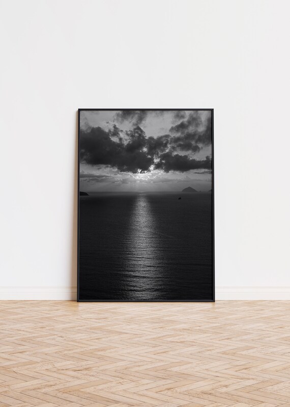 Black and White Ocean Sunset Moody Seascape Photography Art Poster