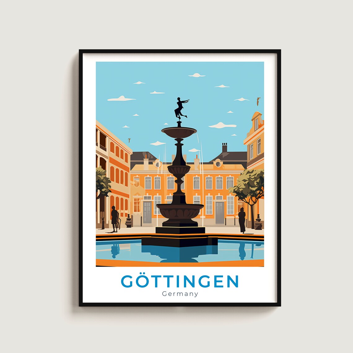 Gottingen Goose Girl Fountain Town Square Illustrated Travel Poster