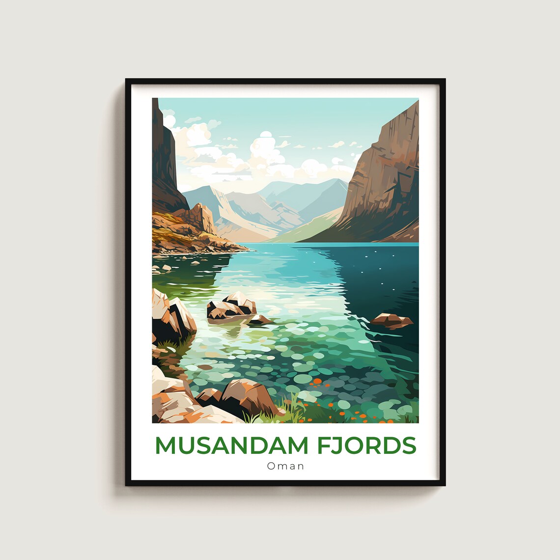 Musandam Fjords Oman Turquoise Cove Rocky Cliffs Travel Poster