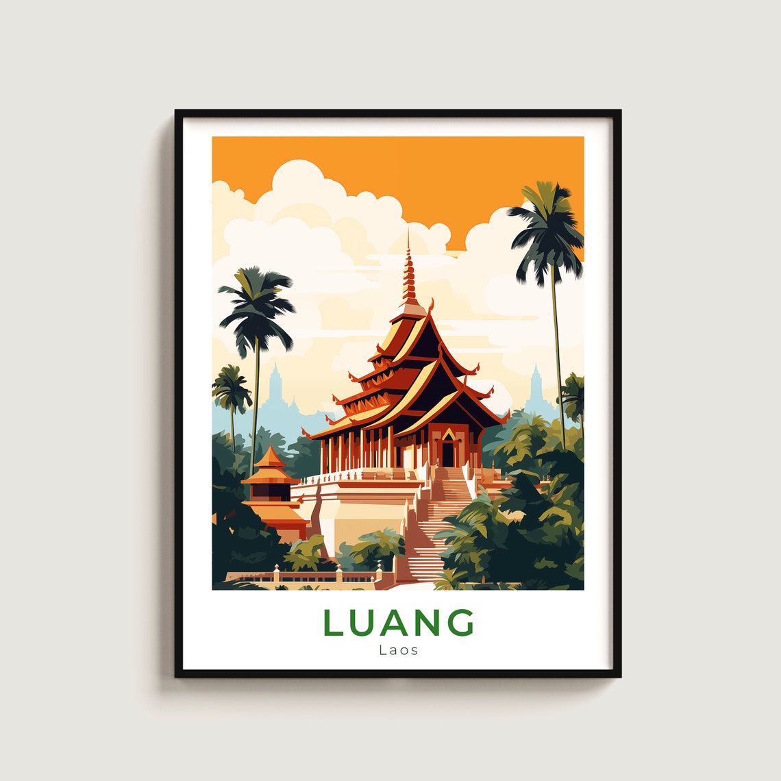 Luang Laos Ancient Golden Temple at Sunset Tropical Palm Poster