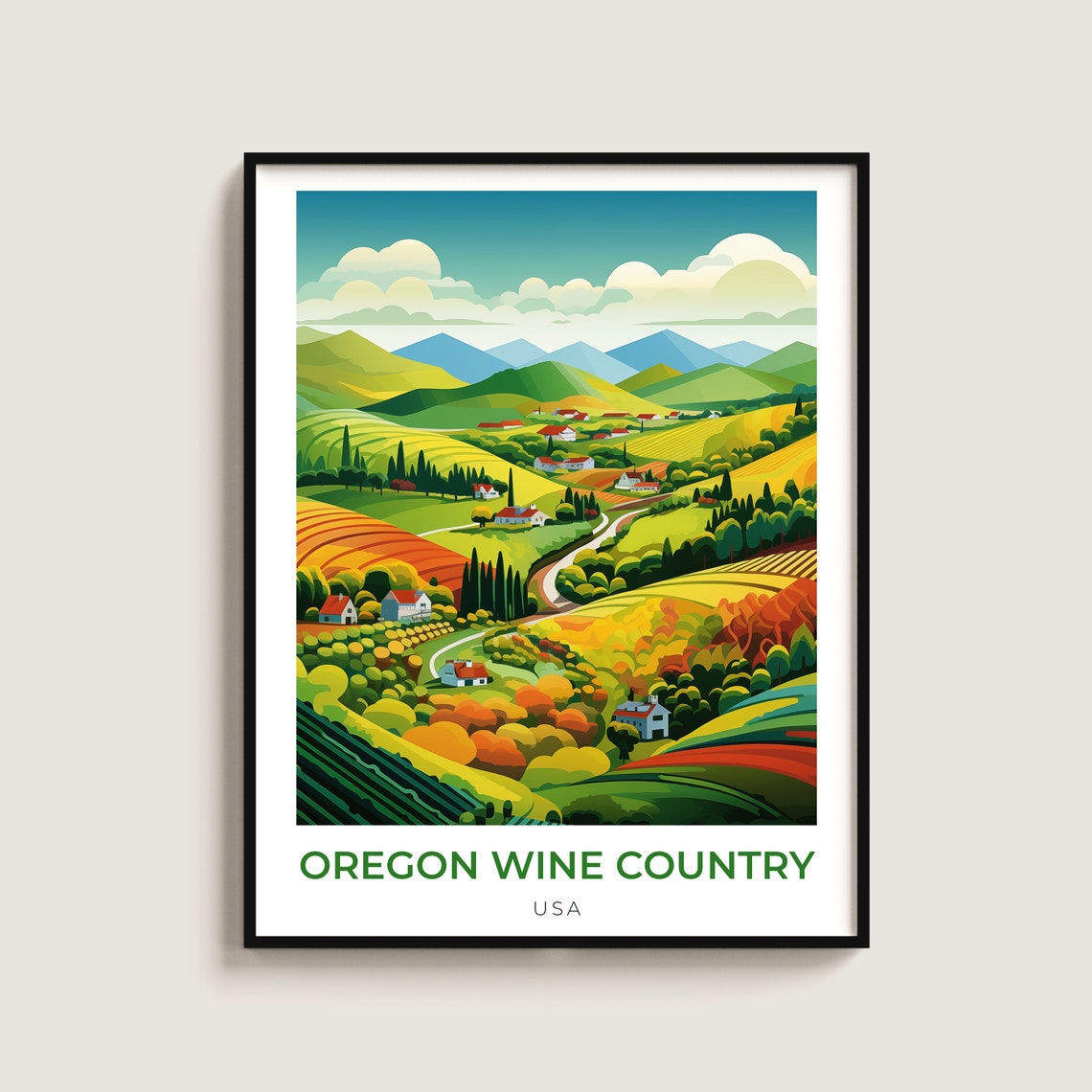Oregon Wine Country USA Rolling Vineyard Hills Travel Poster