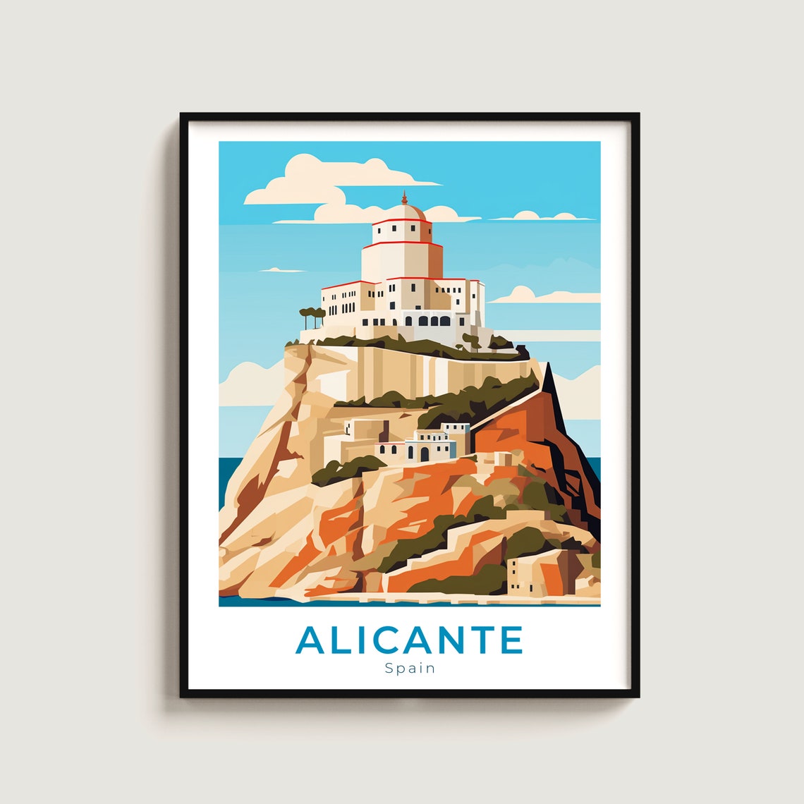 Alicante Spain Santa Barbara Castle Rocky Hill Coast Travel Poster