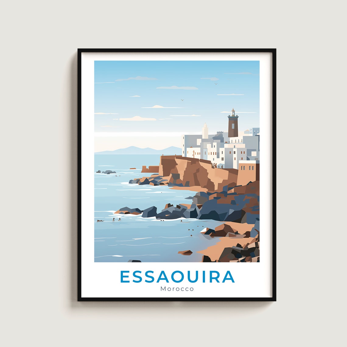 Essaouira Morocco Coastal Fort Town Rocky Shore Travel Poster