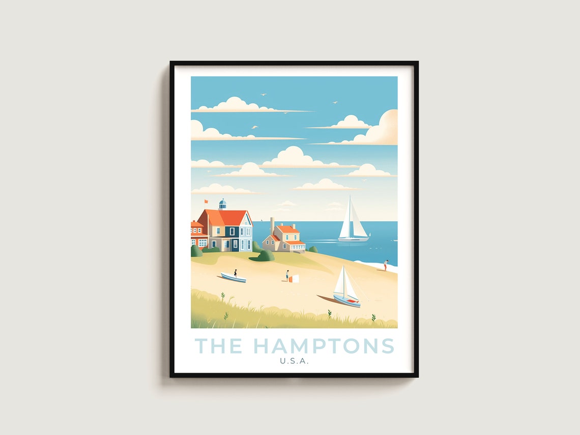 The Hamptons New York Beach Houses Sailboats Shoreline Escape Print