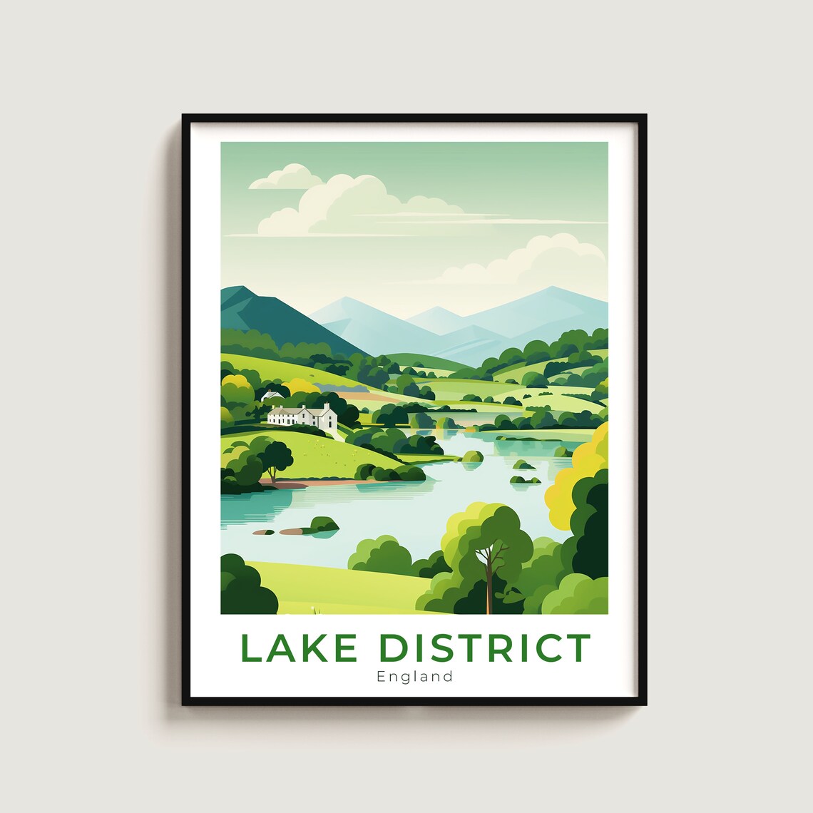 Lake District England Serene Lake Village Fells Countryside Poster