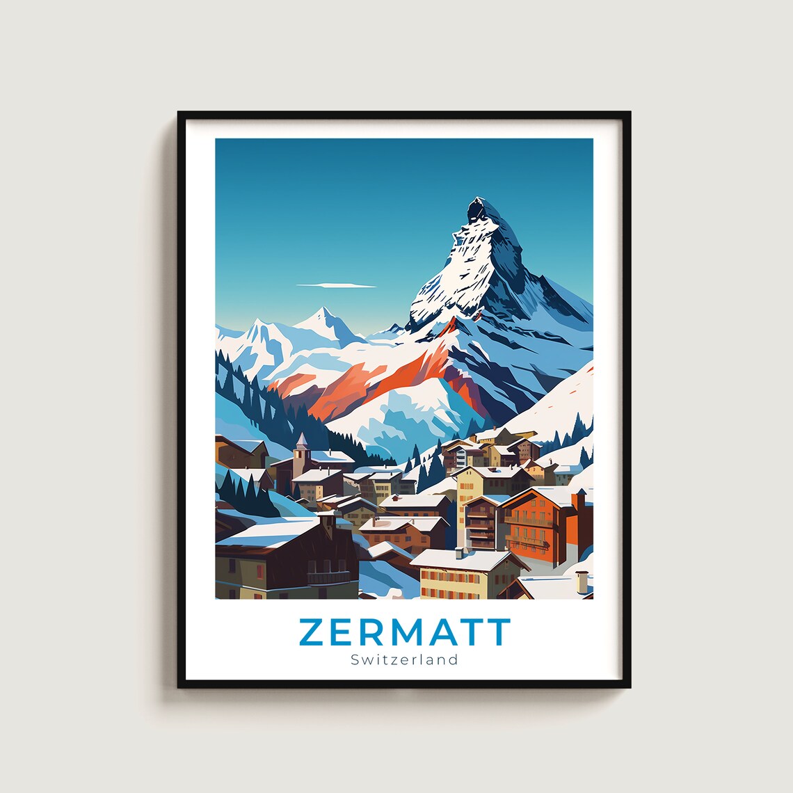 Zermatt Switzerland Matterhorn Village Orange Slopes Ski Travel Poster