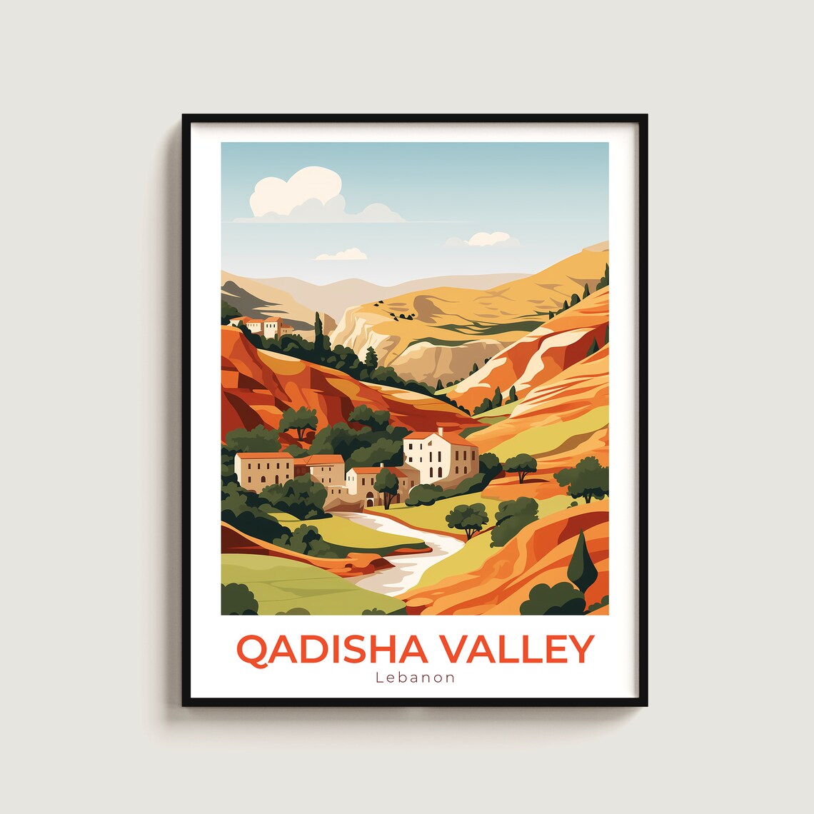 Qadisha Valley Lebanon Red Canyon Village River Scenic Travel Poster