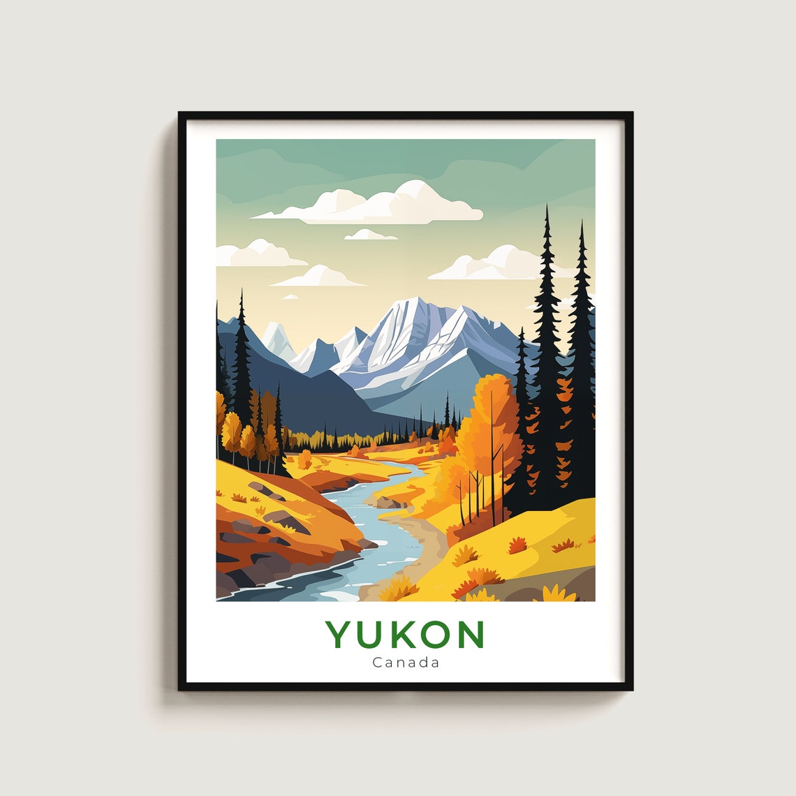 Yukon Canada Autumn Valley Travel Poster for Fall Mountain Cabin Art