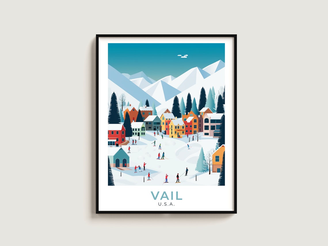 Vail USA Colorful Village Skiers Teal Sky Winter Travel Poster