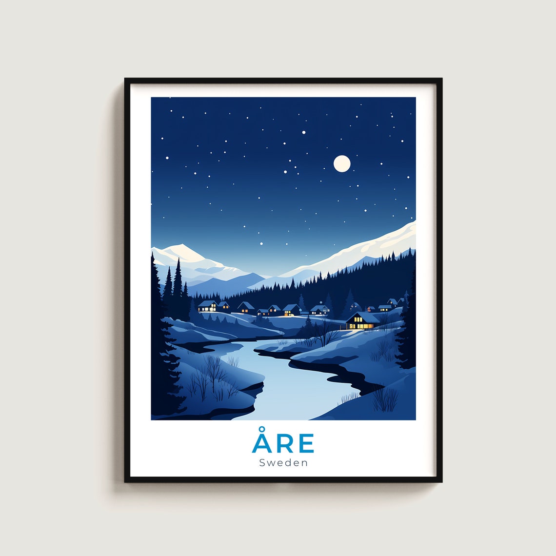 Are Sweden Snowy Night Mountain Village Moonlit Cabin Travel Poster