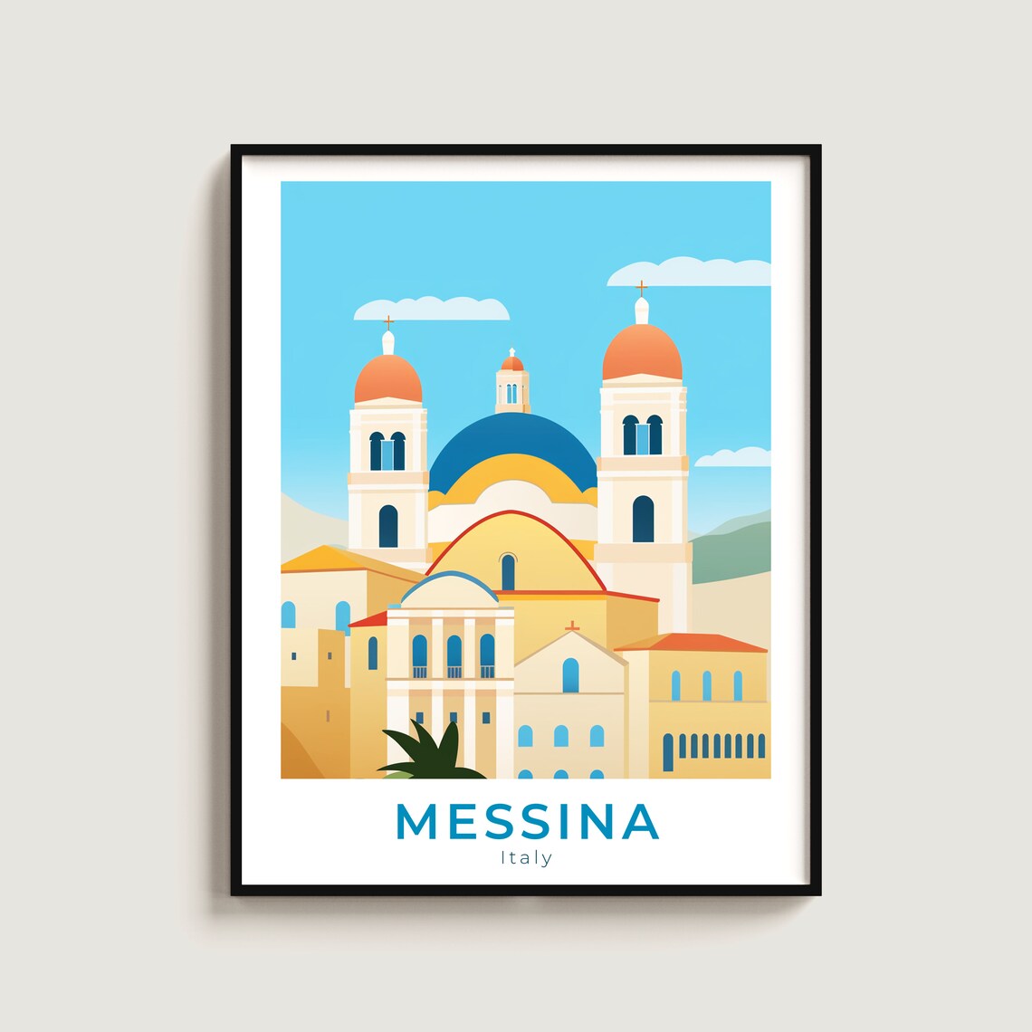 Messina Italy Cathedral Domes Blue Sky Vintage Travel Poster Art
