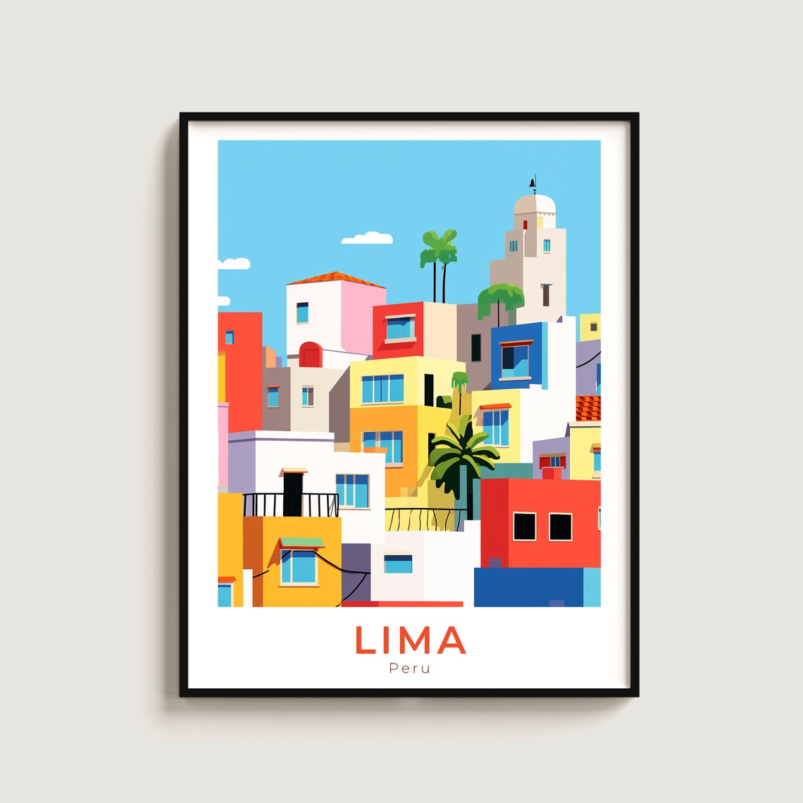Lima Peru Colorful Stacked Hillside Houses Bright Travel Poster