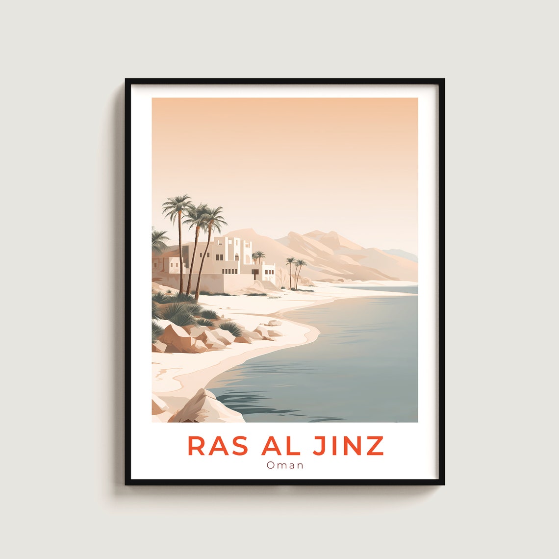 Ras Al Jinz Oman Sandy Beach Palm Trees White Buildings Travel Poster