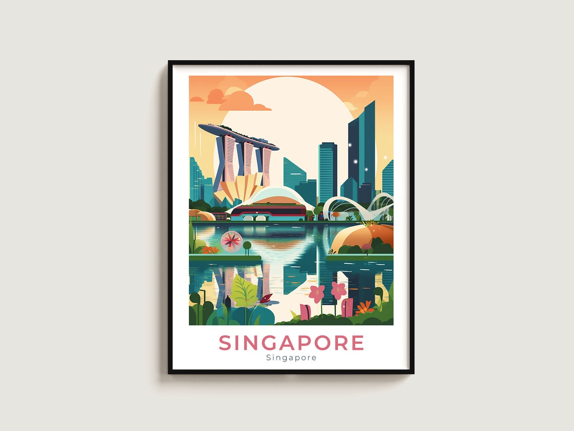 Singapore Marina Bay Sands Skyline Sunset Vintage Travel Poster