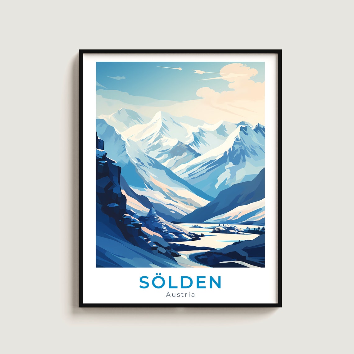 Solden Austria Blue Mountain Valley Snowy Alpine Peaks Ski Poster