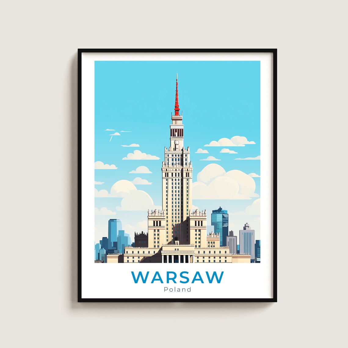 Warsaw Poland Palace of Culture Skyline Vintage Travel Poster
