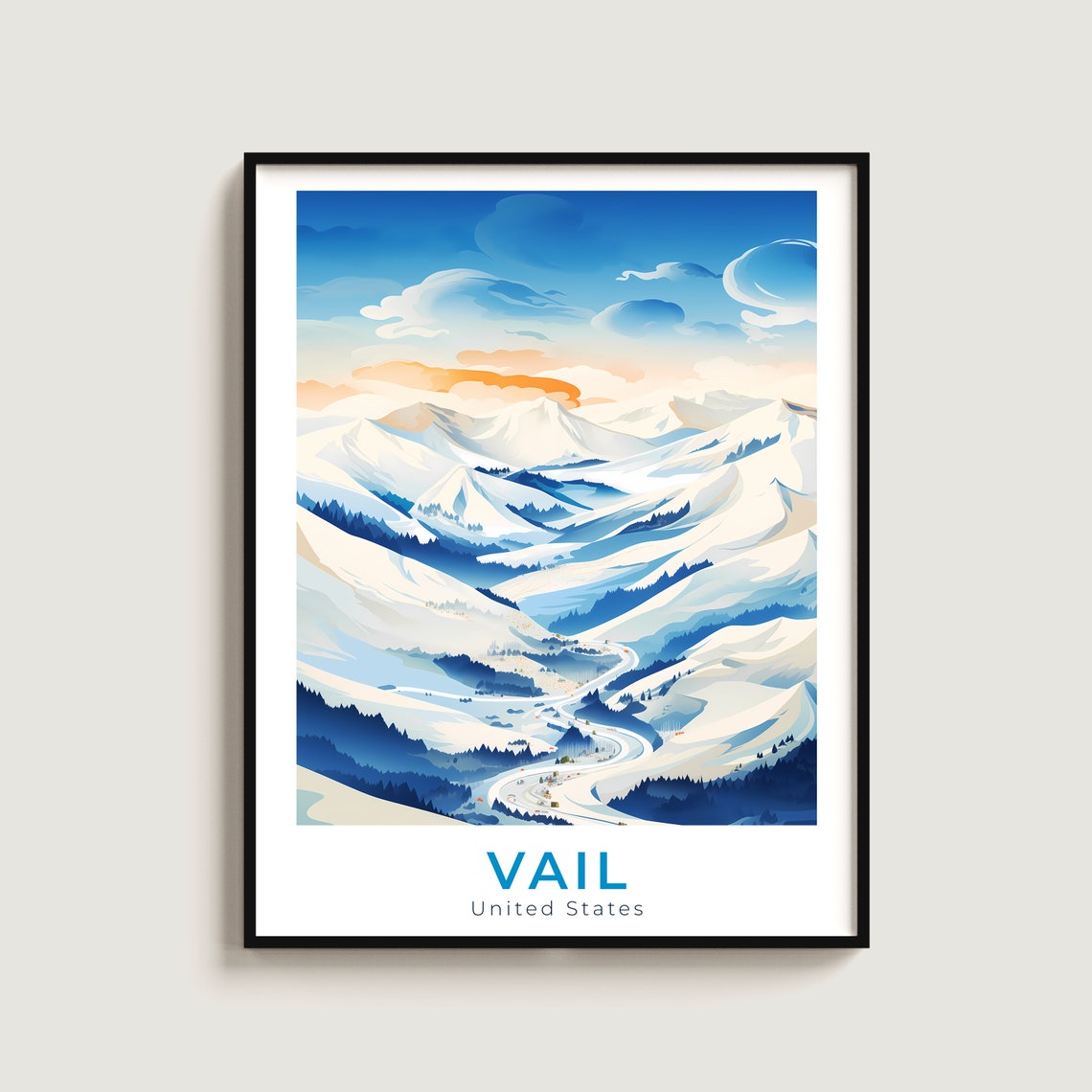 Vail United States Alpine Valley Winding Road Retro Travel Poster Art