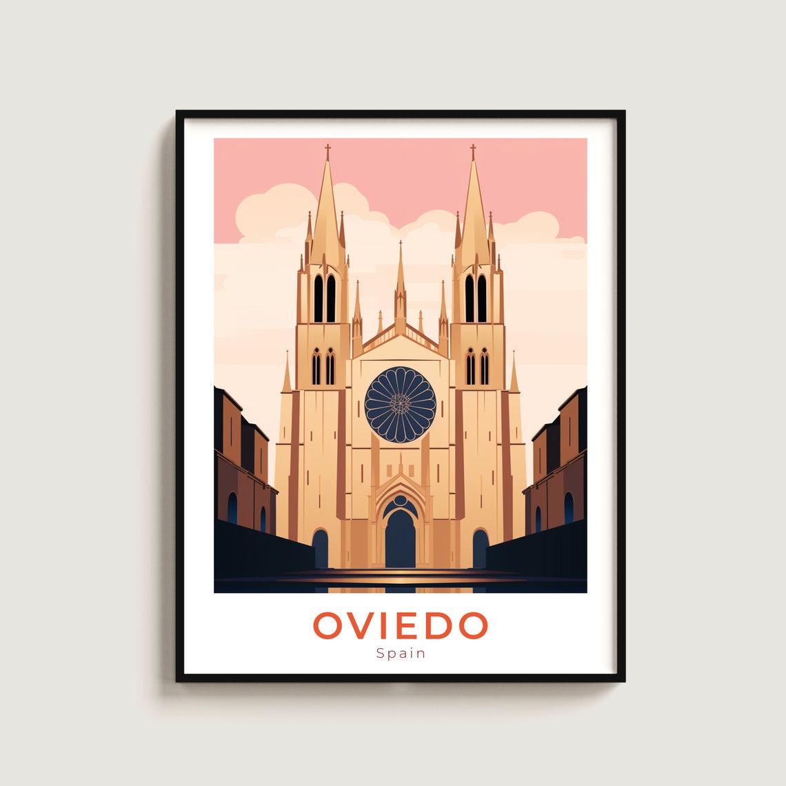Oviedo Spain Cathedral Twin Spires Rose Window Sunset Travel Poster