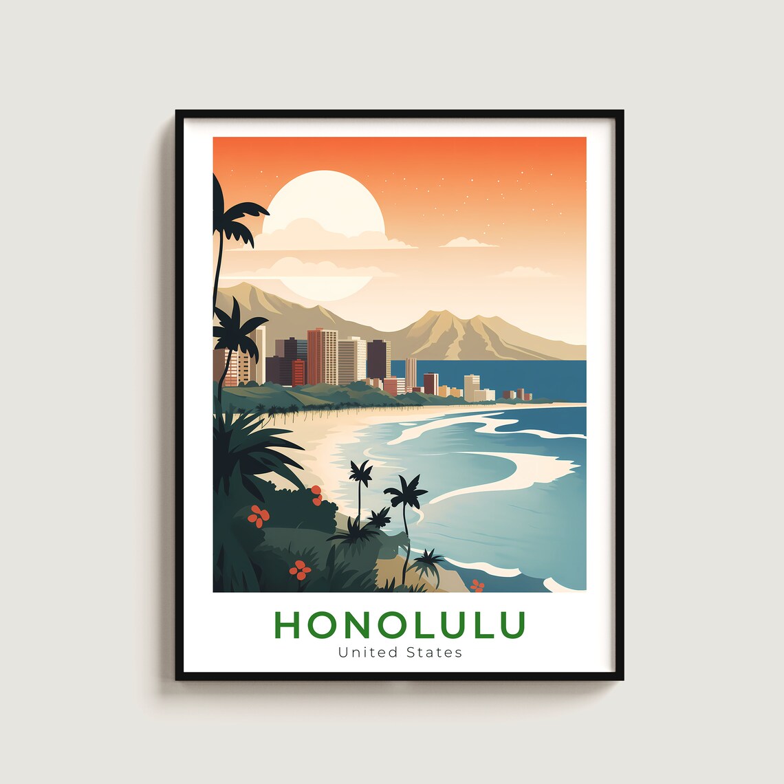 Honolulu Hawaii Waikiki Beach Palm Trees Sunset Ocean Travel Poster