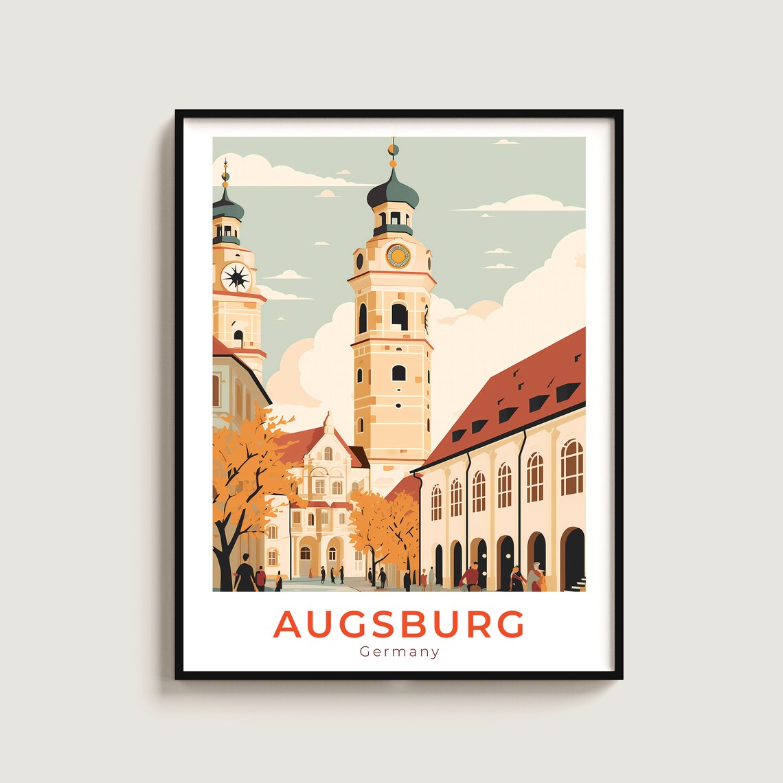 Augsburg Germany Clock Tower Old Town Street Scene Travel Poster