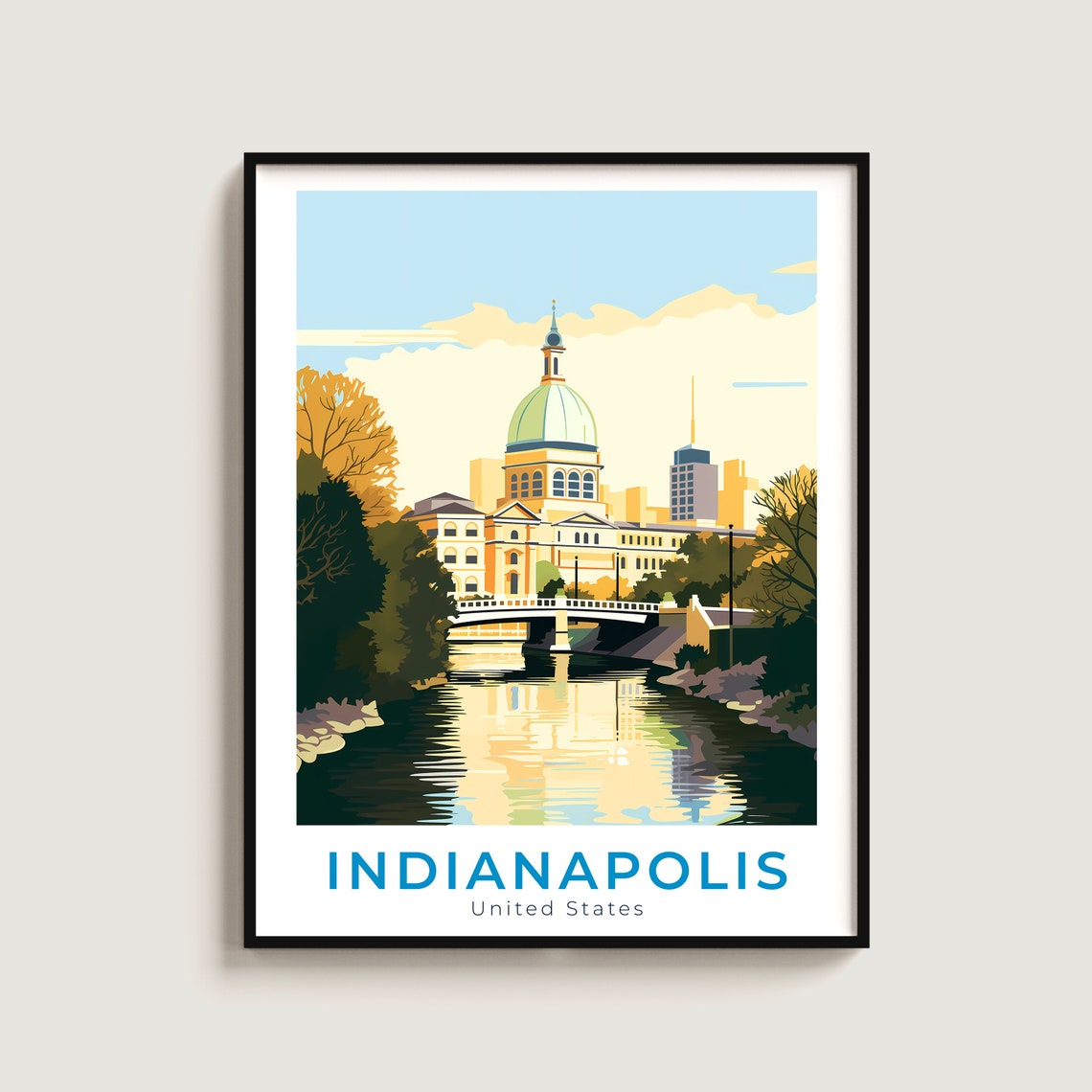 Indianapolis Indiana Riverside Dome Golden Skyline Travel Poster
