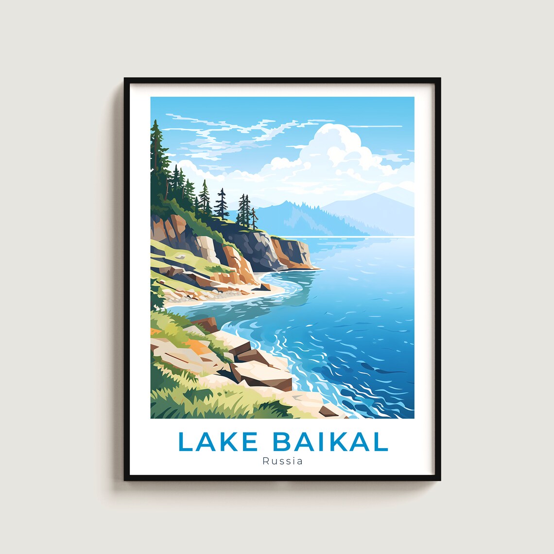 Lake Baikal Russia Pine Rocky Shore Blue Water Cliff View Poster