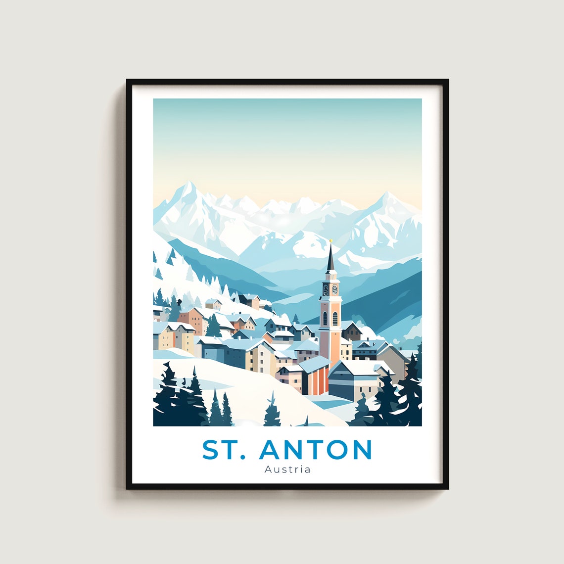 St. Anton Austria Village Clock Tower Snowy Peaks Ski Travel Poster