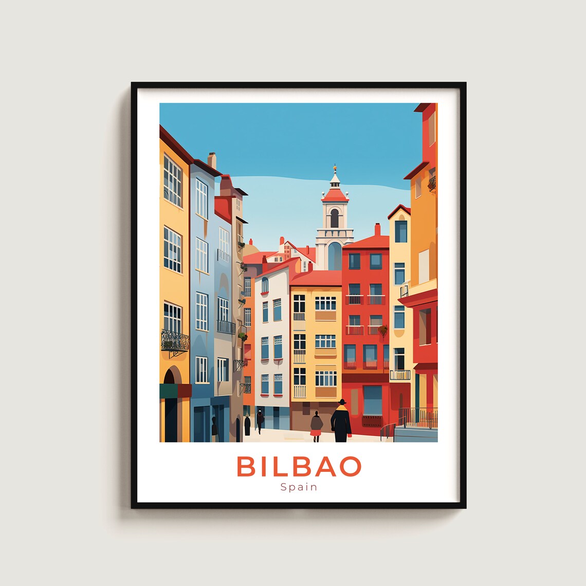 Bilbao Spain Colorful Old Town Street Church Tower Travel Poster