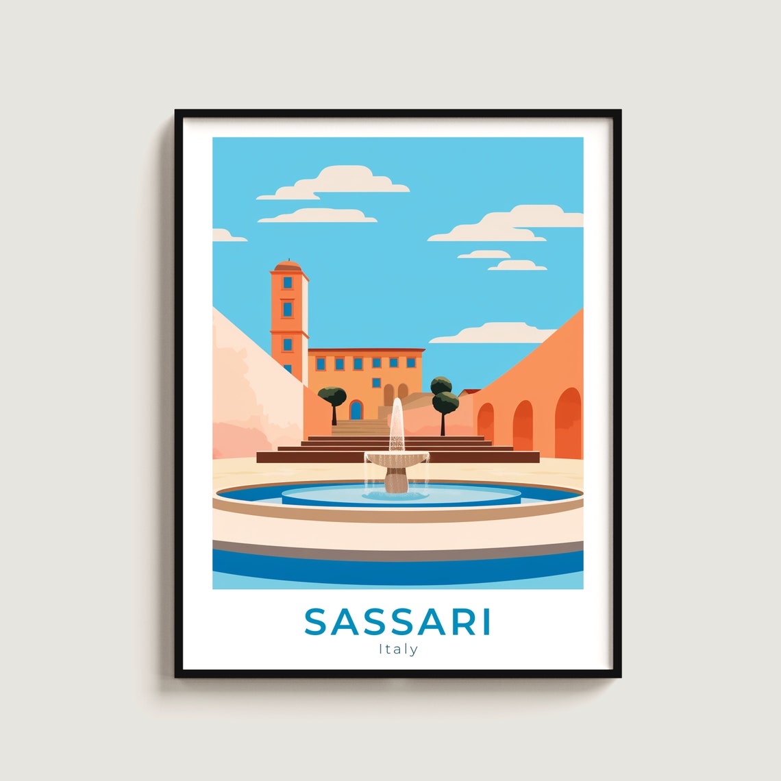Sassari Italy Fountain Plaza With Orange Tower Square Poster