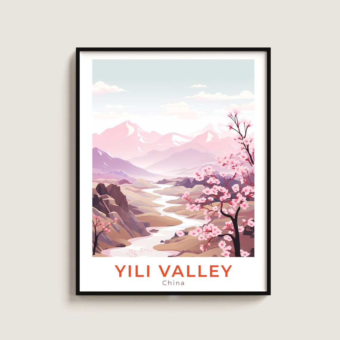 Yili Valley China Cherry Blossom River Spring Hills Travel Poster