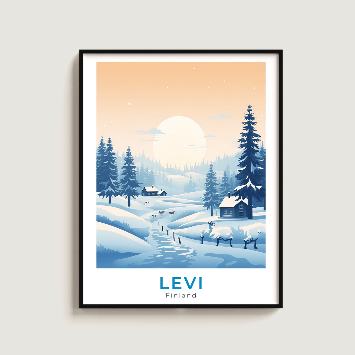 Levi Finland Moonrise Reindeer Cabins Snowy Forest Travel Poster