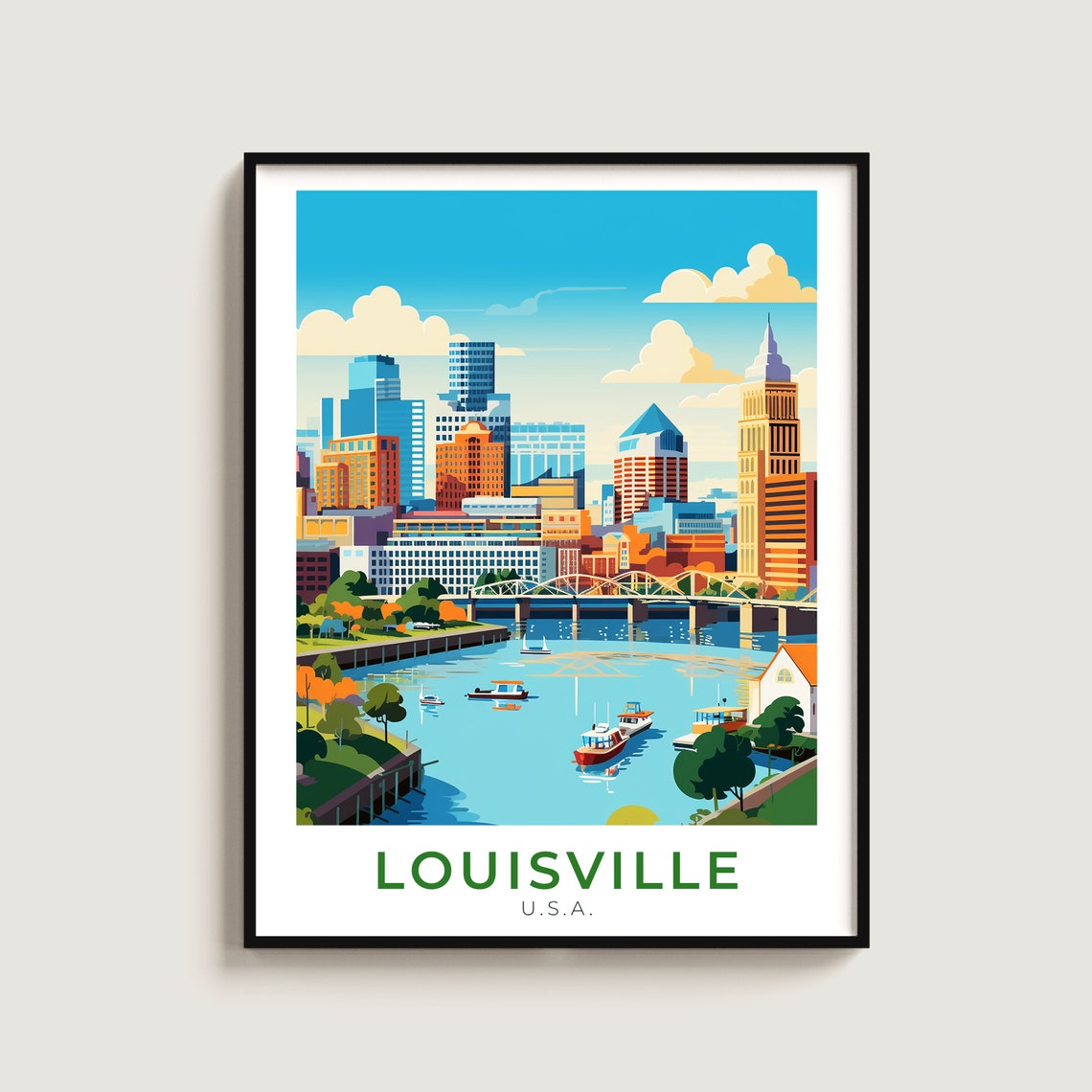 Louisville Kentucky River Skyline Boats Bridge Cityscape Travel Poster