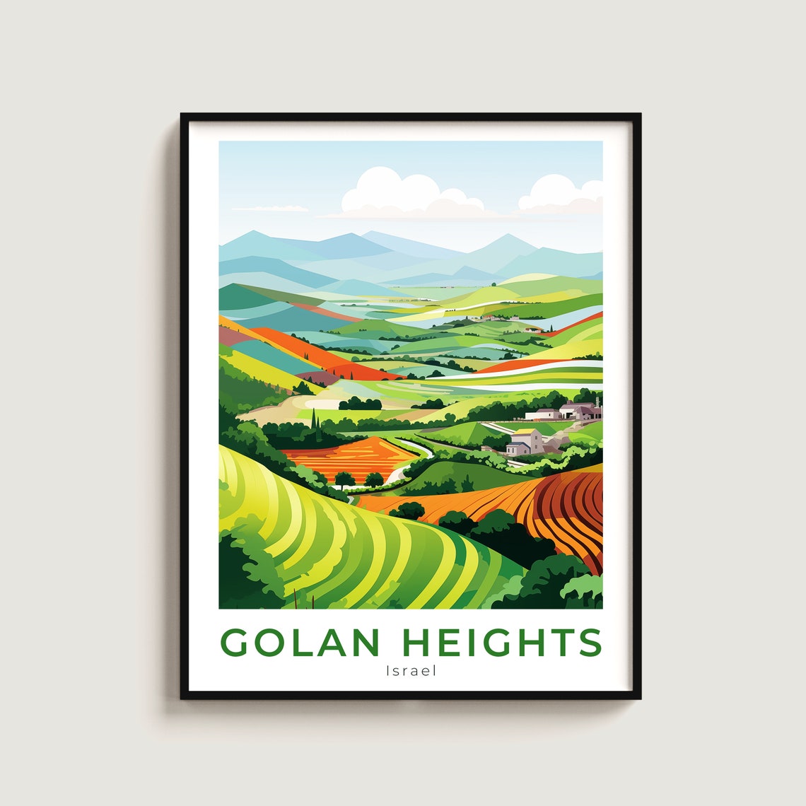 Golan Heights Israel Travel Poster Colorful Rolling Hills Farmland