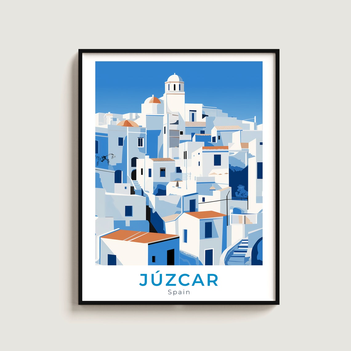 Juzcar Spain Blue White Village Sunny Andalusian Hills Travel Poster
