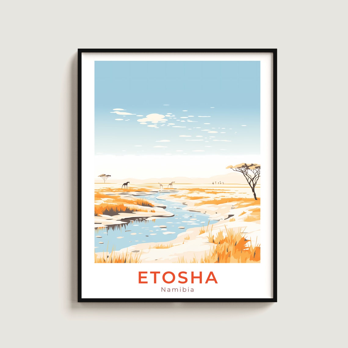 Etosha Namibia Salt Pan Watering Hole Giraffes Wildlife Print