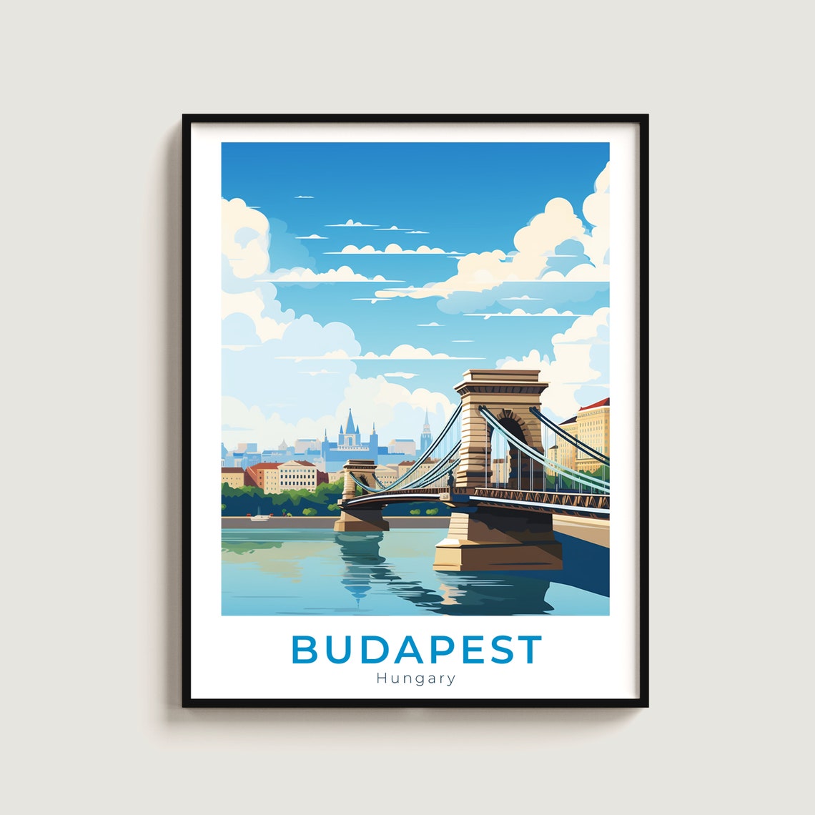 Budapest Hungary Chain Bridge Danube River Skyline Travel Poster