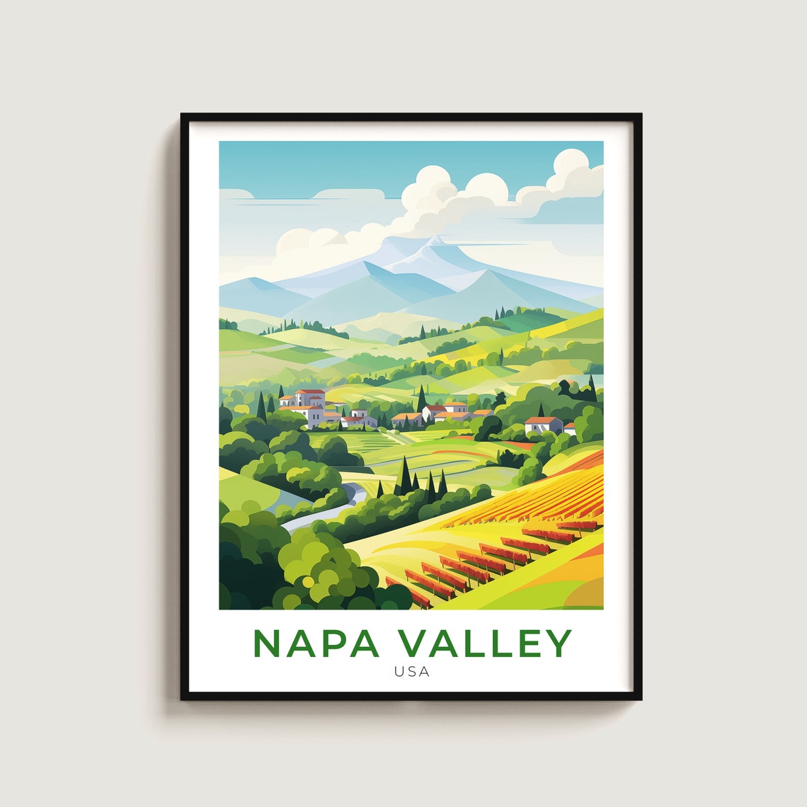 Napa Valley USA Rolling Vineyard Hills Village Landscape Travel Poster