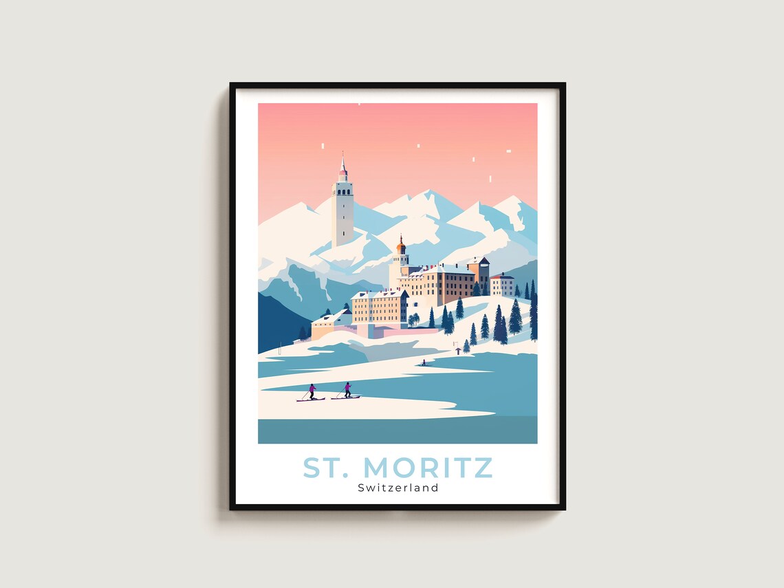 St. Moritz Switzerland Grand Hotel Frozen Lake Skaters Travel Poster